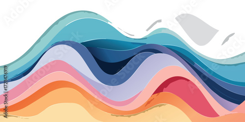 Stacked torn paper sheets in different shades forming waves or hills, symbolizing learning, experience, and the process of creation.