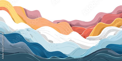 Stacked torn paper sheets in different shades forming waves or hills, symbolizing learning, experience, and the process of creation.