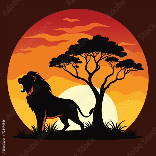 Silhouette of a roaring lion against a vibrant sunset in the african savanna landscape