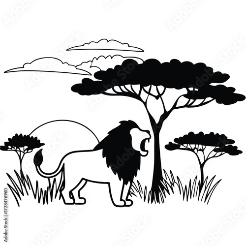 Majestic lion roaring in the savanna, surrounded by trees and grass