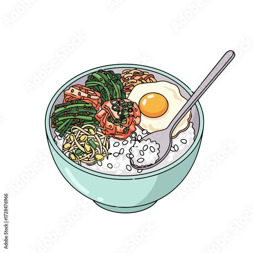 Delicious bowl bibimbap, traditional korean dish, with rice, vegetables, kimchi, and fried egg