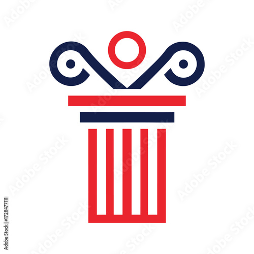 Red and blue abstract column capital with circular elements architecture ancient