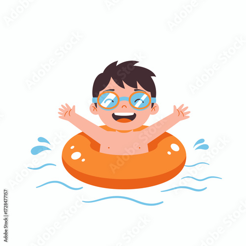 Happy cartoon boy with inflatable ring swimming in the water