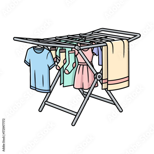 Clothes drying on foldable drying rack, common household item for airdrying laundry indoors or outdoors