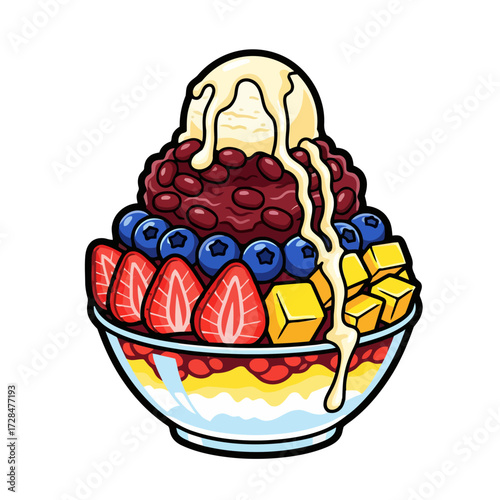 Delicious and colorful dessert bowl filled with shaved ice, red bean paste, fresh blueberries, sliced strawberries, diced mango, and drizzled with condensed milk