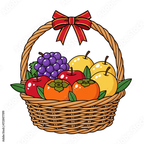 Woven basket filled with variety fresh fruits including grapes, apples, persimmons, and pears, tied with red ribbon, isolated on transparent