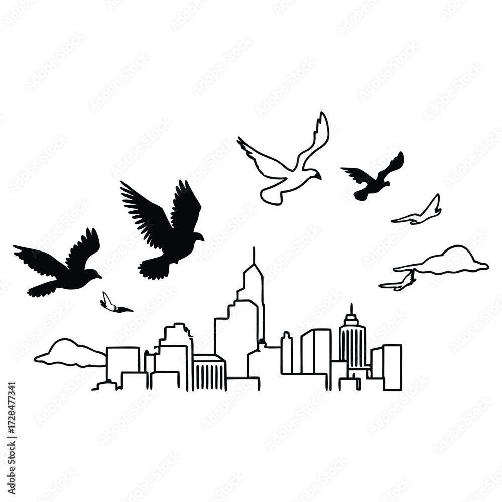 Fototapeta premium Monochrome illustration of birds flying over a city skyline with clouds and simple buildings