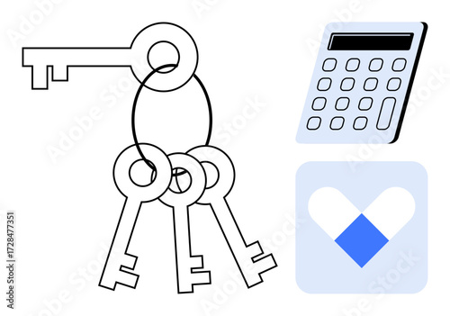 Set of keys on a ring next to a calculator and pill-shaped app icon. Ideal for security, data privacy, access management, financial planning, healthcare, tech apps, and innovation. Perfect