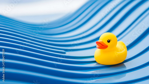 Bright Yellow Rubber Duck Floating on Abstract Blue Wavy Lines