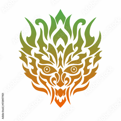 Tribal Demon Face Vector with Green to Orange Gradient