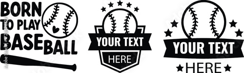 Baseball team spirit designs including "born to play baseball" and customizable badges