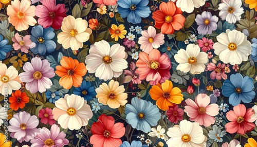 Dense array of vibrantly colored flowers in various sizes and shades, creating a rich, textured floral pattern