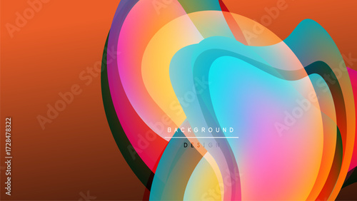 Abstract colorful layers create dynamic visual effect. Gradient background transitions from dark to warm tones. Modern design element.