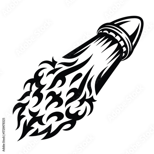 Retro rocket ship soars upward, propelled by stylized flames in bold monochrome