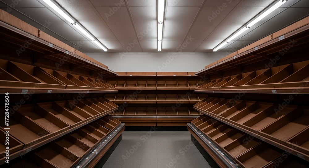 Obraz premium Completely empty wooden grocery store shelves under fluorescent lights symbolizing shortage crisis and consumer goods scarcity