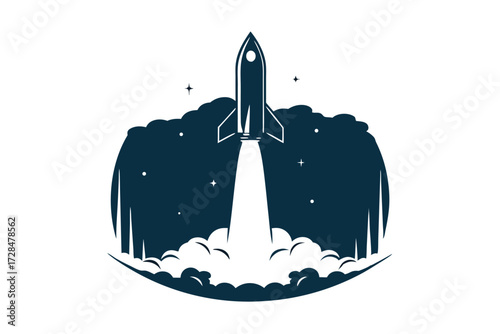 Rocket blasting off through a forest with stars in the sky is viewed closely