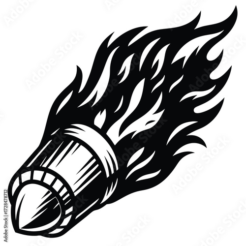 Rocket ship launching with fiery blast plumes rises upward toward space in monochrome style