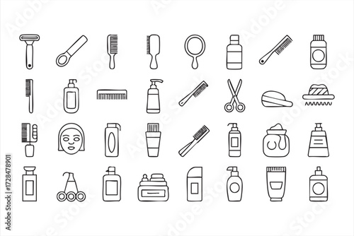 Grooming and haircut outline symbols, vector illustrations of barber scissors, razors, face masks, and beauty care items