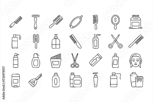 Beauty and hairdressing tools vector pack, line art icons of salon equipment, shaving accessories, and cosmetic bottles