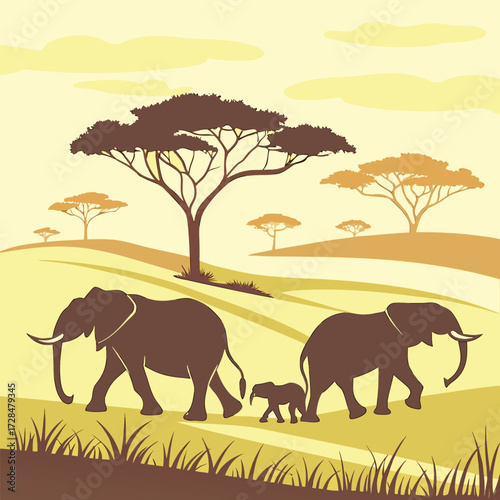 Illustration of a family of elephants walking through the african savanna with acacia trees in the background