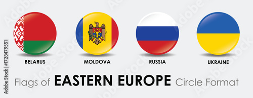 Flags of Eastern Europe displayed in circle format, showcasing national symbols of Belarus, Moldova, Russia, and Ukraine