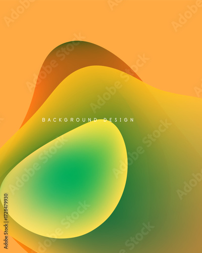 Abstract fluid shapes blend orange, yellow, green hues. Smooth gradients create dynamic background design. Minimalist aesthetic.