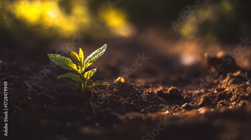 sapling. Young sapling emerging from rich soil, sunlight filtering through leaves in a detailed macro view. gardening catalogs, home-decor guides, designed for gardening and botanical catalogs.