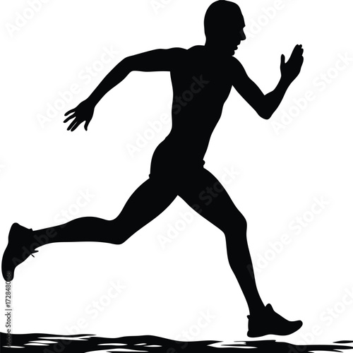Silhouette of a man running swiftly forward with concentrated determination against white background