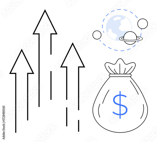 Upward arrows symbolize progress alongside a bag of money indicating wealth and profitability. A planetary graphic represents global opportunities. Ideal for finance, investment, business, growth