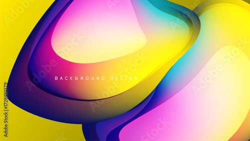 Abstract colorful shapes overlap black background. Vibrant gradients create dynamic visual effect. Modern design element.