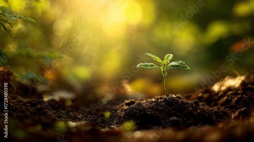 sapling. Young sapling emerging from rich soil, sunlight filtering through leaves in a detailed macro view. gardening catalogs, home-decor guides, designed for gardening and botanical catalogs.