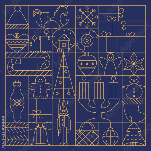 Minimalist geometric festive Christmas gold grid with cute abstract vector background with gift box, candle, winter elements for card, advent calendar, banner. Modern thin linear holiday grid