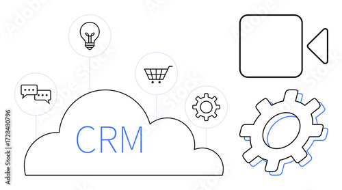 Cloud with CRM text linking light bulb, cart, chat bubbles, gear, and video icons. Ideal for technology, business, customer relations teamwork project management marketing and innovation. Simple