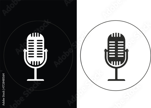 Vintage microphone icons, black and white contrast, audio recording symbols, podcast equipment, broadcast tools, circular design, retro style, vector illustration set
