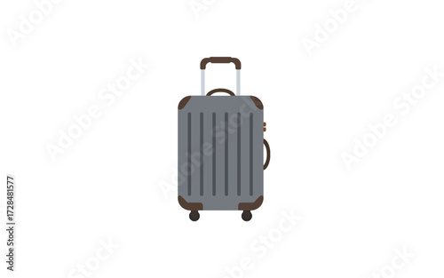A flat illustration of a grey rolling suitcase with an extended handle and brown accents, ready for travel.