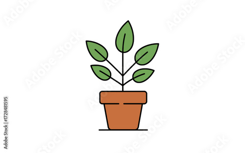 A simple line art illustration of a small green plant with five leaves growing in a brown terracotta pot, set against a white background.