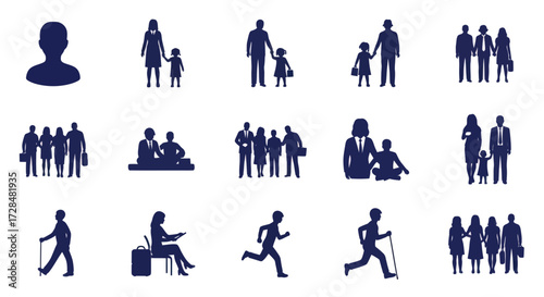 A diverse collection of dark blue vector icons depicting people, families, business professionals, and individuals in various activities and life stages.