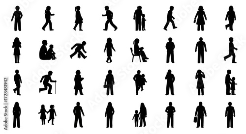 Collection of various human silhouettes depicting different activities and poses, in black and white.