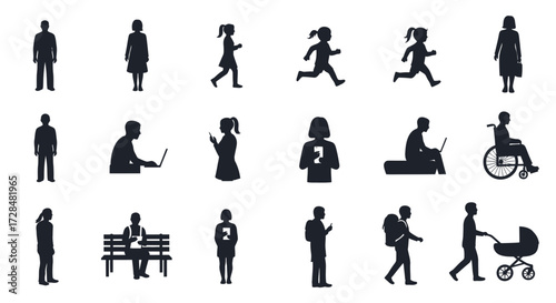 Collection of diverse human silhouette icons representing various activities and demographics, including children, adults, and individuals with disabilities.