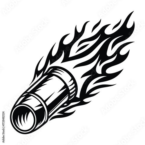 Stylized black rocket emitting flame with surrounding celestial specks creating artistic monochromatic design