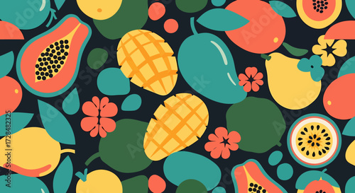Colorful fruit pattern with mangoes, papayas, passion fruit, and flowers on a dark background.