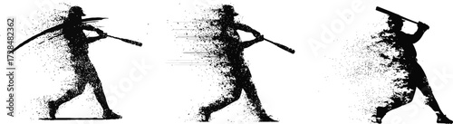 Dynamic silhouette trio of baseball players swinging bats capturing action sports art