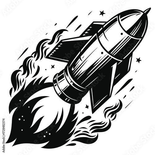 Stylized gray rocket blasts off amidst smoke and fire from its exhaust nozzle