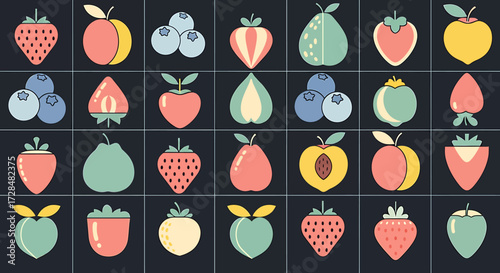 A grid of colorful, stylized fruit icons including strawberries, blueberries, peaches, and pears.
