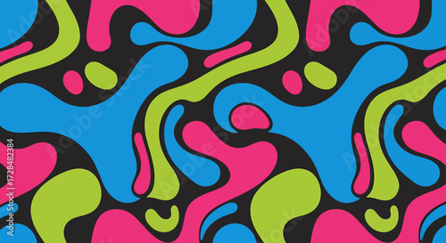 Vibrant abstract seamless pattern with organic blob shapes in pink, blue, and green on a dark background, evoking a retro psychedelic style.