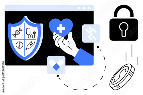 Hand holding heart symbol, medical-themed shield, padlock, and coin representing healthcare security. Ideal for health, privacy, technology, trust innovation insurance safety. Simple flat metaphor