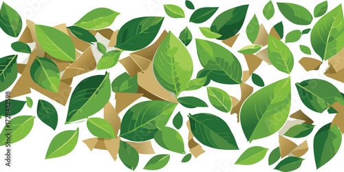 Green leaves and recycled kraft paper blending together in an artistic pattern, symbolizing eco-friendly ideas and harmony with nature.