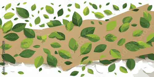 Green leaves and recycled kraft paper blending together in an artistic pattern, symbolizing eco-friendly ideas and harmony with nature.