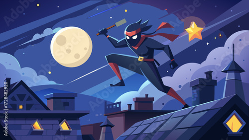 Ninja leaps across rooftops under a bright full moon