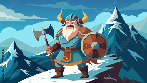 Cartoon viking with axe and shield in snowy mountains